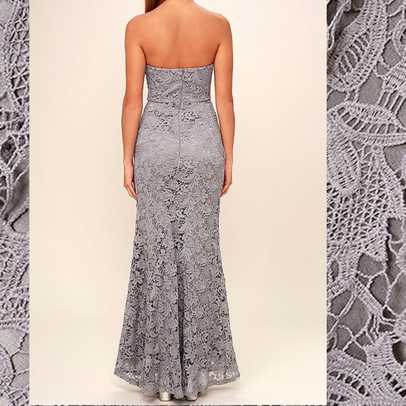 LULU'S Inherent Beauty Grey Lace Strapless Dress - Picture 13 of 15